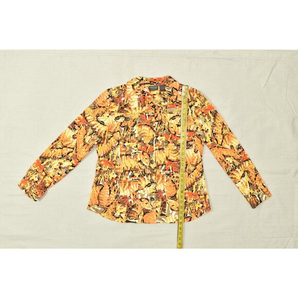 Chico's Additions Women's Size 2 L Orange Abstract Cotton Blend Button-Up Top - Picture 3 of 8
